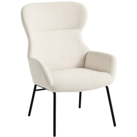 Fauteuil relax en polyester, dossier haut et rembourrage épais, pieds en acier, blanc crème