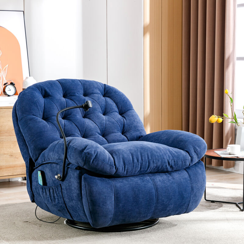 Fauteuil relax en tissu pivotant à 360°,Fauteuil de massage à Chaleur électrique,chaise longue avec support de téléphone portable,Bleu