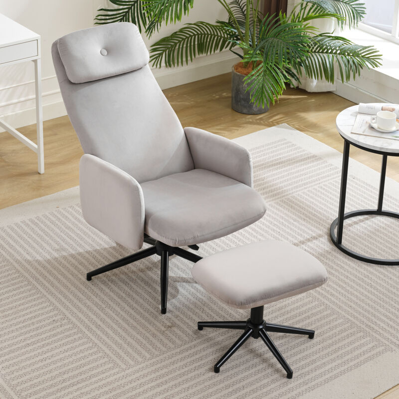 Yoleo - Fauteuil Relax en Velours Pivotante à 360° Moderne,Chaise de bureau avec repose-pieds,Dossier réglable,Chaise d'appoint,48x53x114cm,Gris