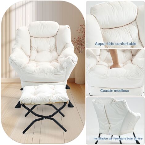 Fauteuil relax, fauteuil confortable avec repose-pieds pliable et poche latérale, petit fauteuil au style simple pour chambre, salon ou balcon