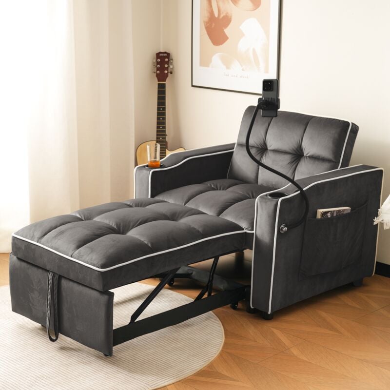 Fauteuil relax, Fauteuil Lit Canapé 3 en 1 avec porte-gobelet et support téléphone, poches latérales, dossier confortable, méridienne, Fauteuil,