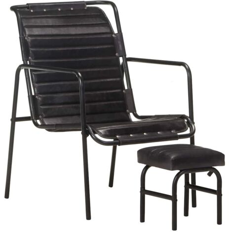 Fauteuil Relax Fauteuil Salon - avec repose-pied Noir Cuir véritable BV570526 - BonneVie