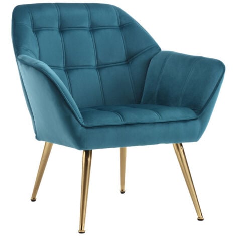 Fauteuil relax Fauteuil Salon Moderne Fauteuil Scandinave avec Pied Doré Fauteul Rembourré pour Chambre, Velours, Bleu