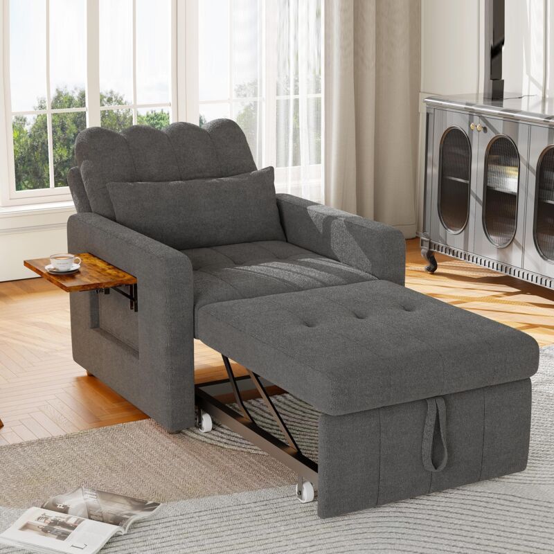 Fauteuil relax, Fauteuil scandinave, convertible et réglable - Avec plateau et rangement latéral, 5 positions dossier - Tissu chenille, Gris