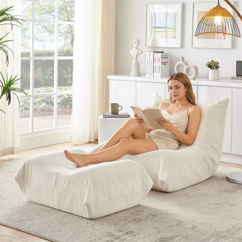 Fauteuil relax beige inclinable avec repose-pieds et pouf moelleux ours en peluche. Canapé confortable 1 place pour salon/chambre 100x90x70cm