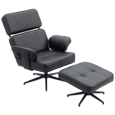 Fauteuil relax inclinable en similicuir avec repose-pieds, têtière réglable, base en métal, noir