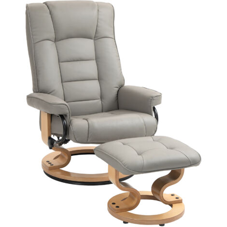 Fauteuil relax inclinable pivotant avec repose-pieds, cadre bois, revêtement synthétique gris