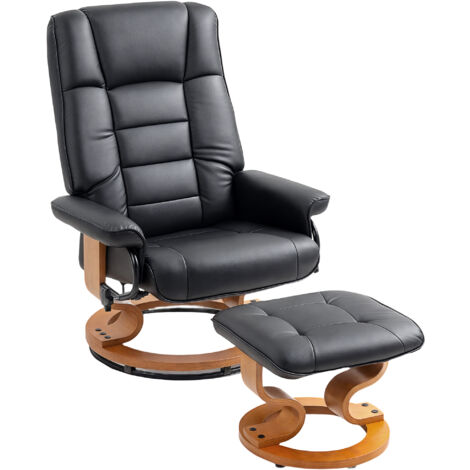 Fauteuil relax inclinable pivotant avec repose-pieds, cadre bois, similicuir noir