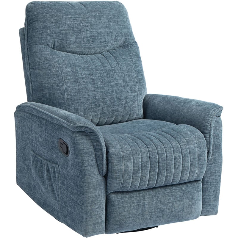 Homcom - Fauteuil relax inclinable repose-pieds rétractable pivotant pochette rangement intégrée tissu bleu chiné