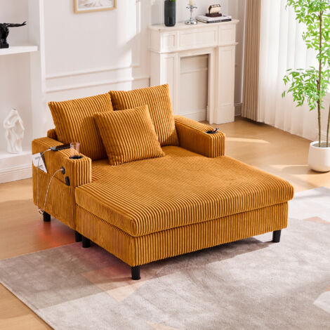 Fauteuil relax large et moelleux, avec porte-gobelets latéral, port USB et lumière d'ambiance LED intégrée - Jaune moutarde