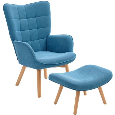 Fauteuil relax-lounge capitonné velours côtelé bleu avec repose-pieds-dossier haut-72x80x101cm et 65x43x38cm