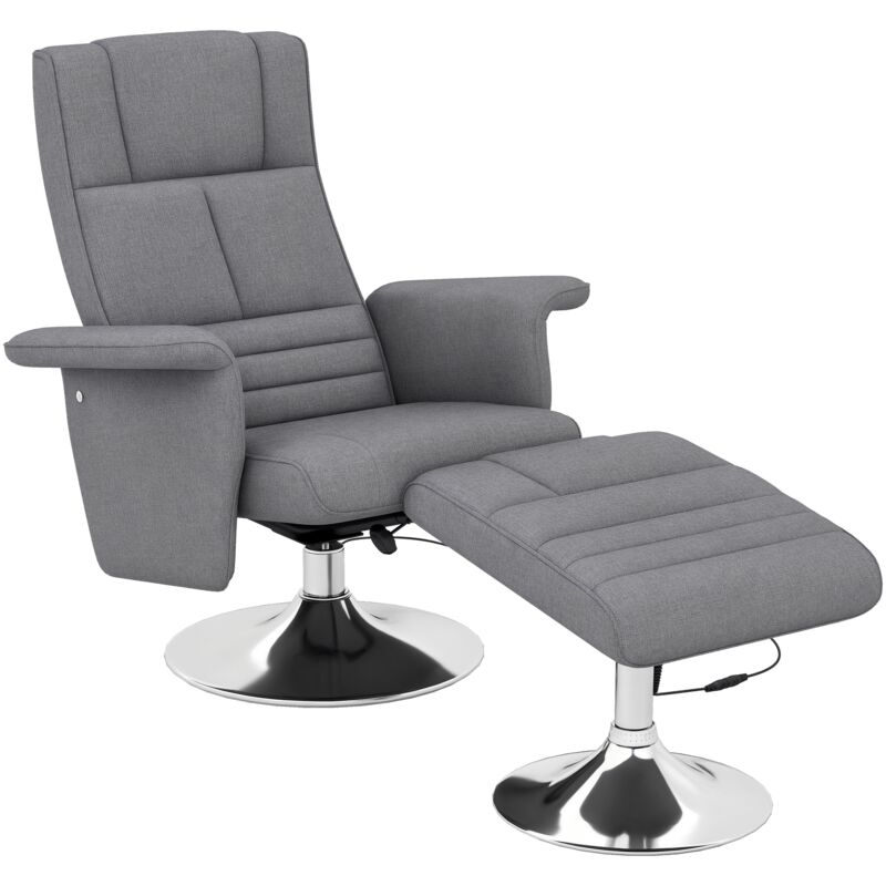 Homcom - Fauteuil relax massant inclinable réglable avec repose-pied piètement acier chromé tissu gris