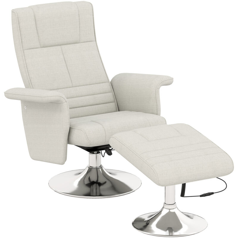 Fauteuil relax massant inclinable réglable avec repose-pied piètement acier chromé tissu grège clair