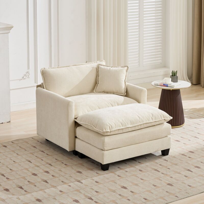 Fauteuil relax modulable, assise double couche rembourrée, dossier coussin ergonomique, Repose-pieds non inclus, tissu chenille beige