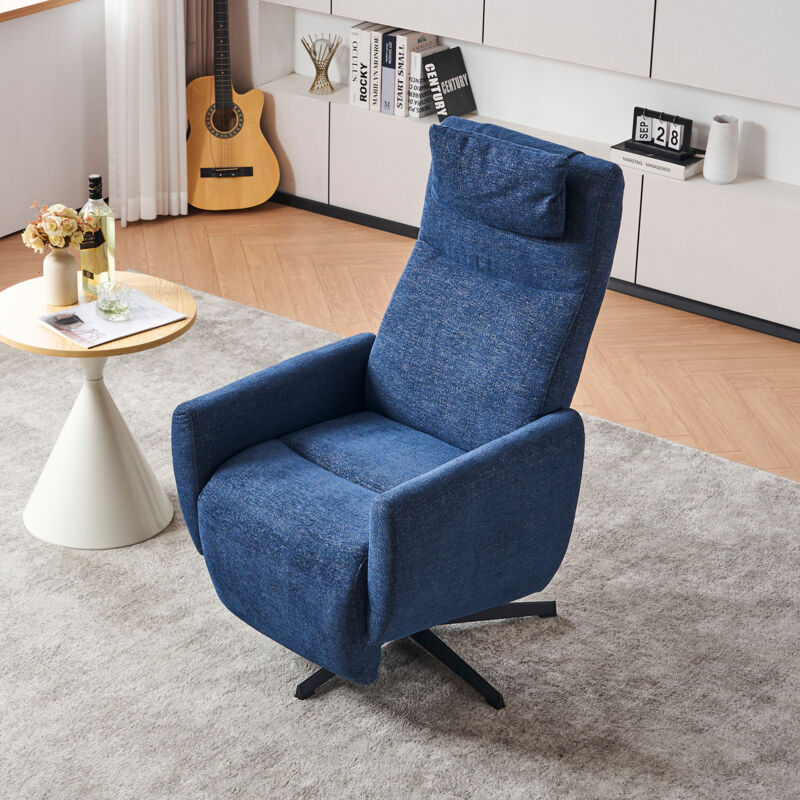 Fauteuil relax pivotant avec repose-pieds, chaise de bureau inclinable 100°–150°, en tissu chenille, siège confortable pour salon ou bureau, Bleu
