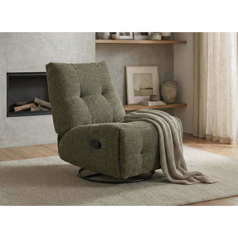 Fauteuil relax pivotant en velours texturé vert kaki LISON Fauteuil relax pivotant en velours texturé vert kaki LISON