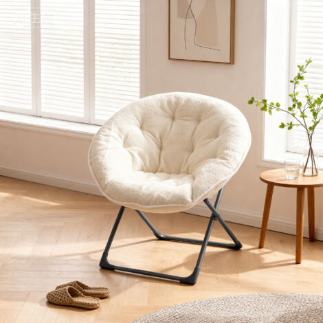 Fauteuil relax pliant en tissu bouclette pour salon et chambre, siège rond moelleux avec structure en métal, beige