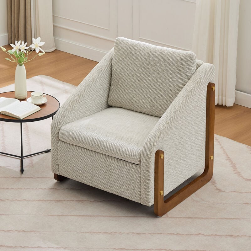 Fauteuil relax rembourré, chaise, bois, avec coussin de dossier, tissu chenille, 73,5x73,5x73,5 cm, beige