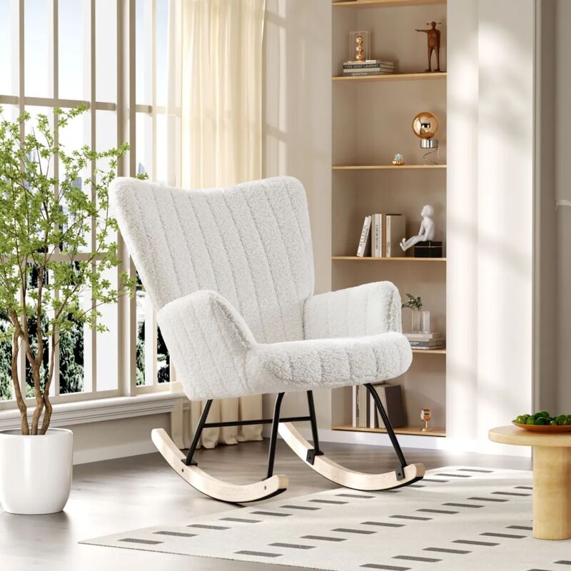Fauteuil relax, rocking chair moderne, chaise longue pour salon et chambre, polyester, blanc