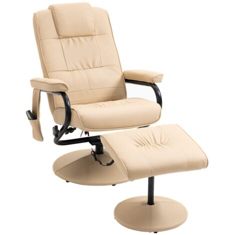 Fauteuil relax TV inclinable avec fonction massage et repose-pieds intégré en similicuir blanc crème 77x84x105 cm