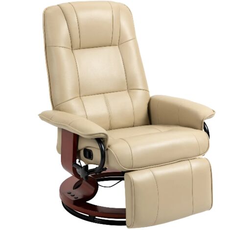 Fauteuil relax TV inclinable avec repose-pieds, pivotant à 360°, pieds en bois, pour salon, similicuir, blanc crème