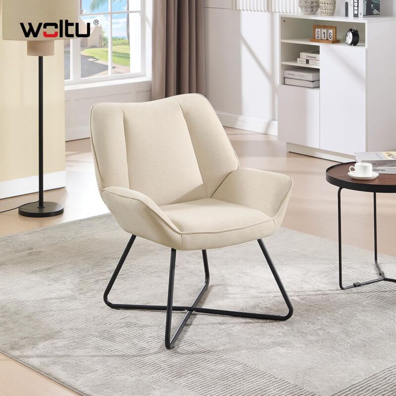 Fauteuil Relax Woltu Fauteuil Salon, avec Dossier Haut, Pieds en Métal, en Lin, Beige