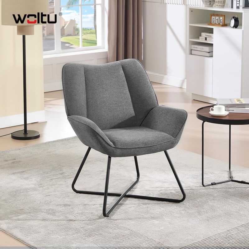 Fauteuil Relax WOLTU, Fauteuil Salon, avec Dossier Haut, Pieds en Métal, en Lin, Gris Foncé