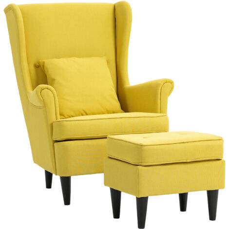 Fauteuil relaxant repose-pieds coussin dossier haut chambre tissu matelassé pieds bois accoudoirs salon, 75x83x104 cm, jaune