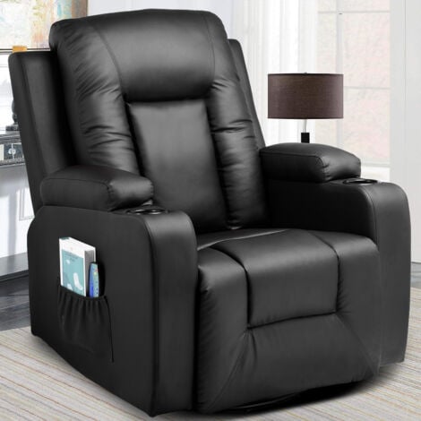COMHOMA Fauteuil Relaxation en Tissu avec Fonction Inclinable, Recliner Chair, Pivotant à 360 °, 2 Poches Latérales et Porte-Tasse - Noir