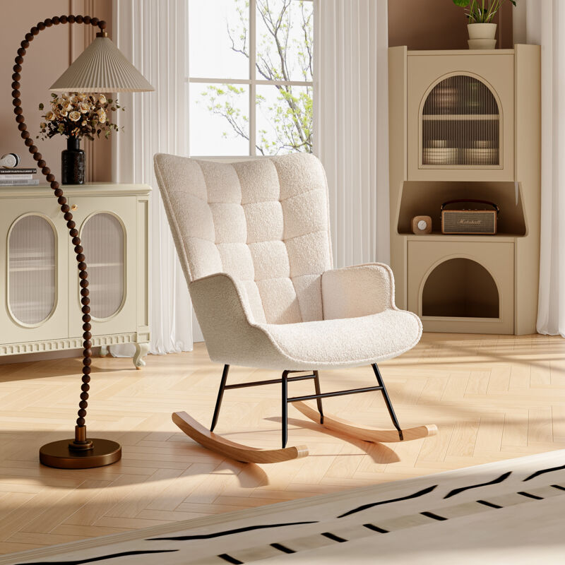 Fauteuil relax,Fauteuil à bascule, rocking chair en velours teddy, pieds en bois massif, pour salon, chambre, beige,68x72x92cm - Sunfecili