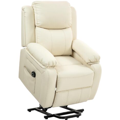 Fauteuil releveur électrique inclinable à 160° en similicuir avec télécommande, repose-pieds et 2 poches latérales pour salon, blanc crème