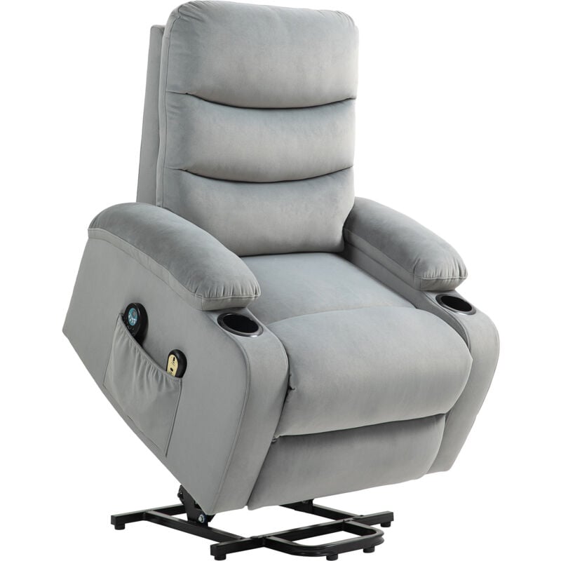 Homcom - Fauteuil releveur massant chauffant inclinable - télécommande 4 modes 8 points - velours gris clair
