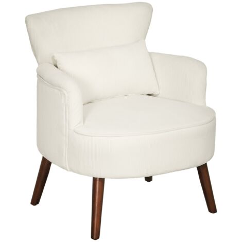 Fauteuil rembourré aspect corde blanc crème avec accoudoirs & dossier arrondis, pieds bois, pour salon/chambre, 120kg, 69x69,5x78cm