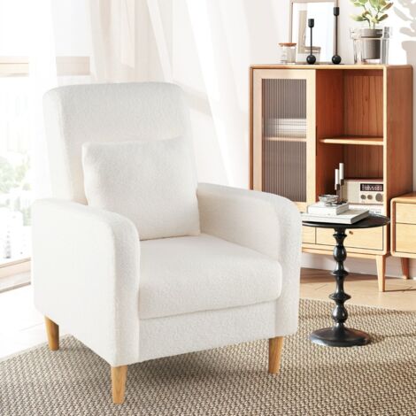 Fauteuil Rembourré avec Coussin Lombaire Revêtement en Laine d'ours en Peluche Pieds en Bois de Caoutchouc Style Moderne 766992cm Blanc