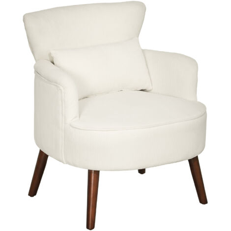 Fauteuil rembourré blanc crème velours côtelé dossier arrondi pieds bois,charge jusqu’à 120 kg salon et chambre.