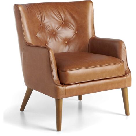 Fauteuil rembourré en cuir dossier capitoné pieds bois - Cognac, noix