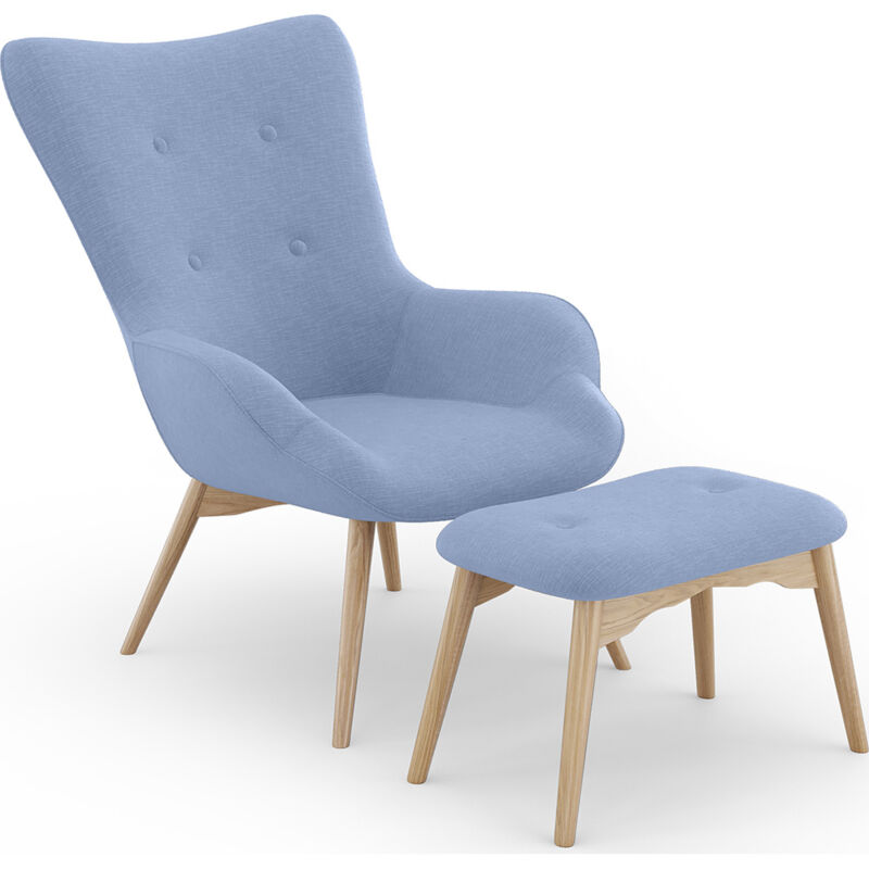 Fauteuil avec Repose-Pieds - Revêtement en Lin - Huda Bleu clair