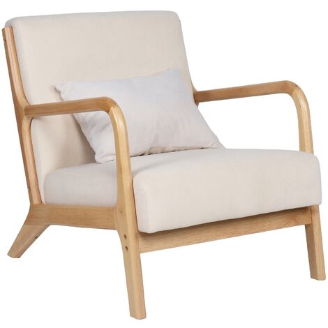 Fauteuil rembourré en tissu microfibre beige avec pieds en bois massif naturel - Longueur 65 x Profondeur 83 x Hauteur 72 cm -PEGANE-