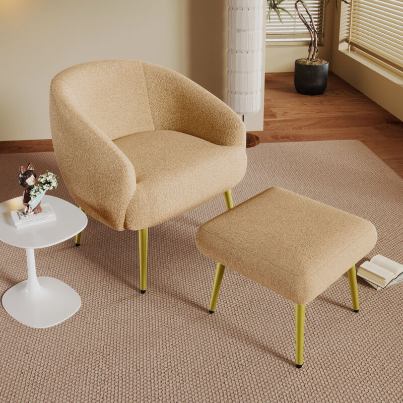 Fortuna Lai - Fauteuil rembourrée avec repose-pieds, pieds dorés, confort luxueux et moderne - 68x66x73+46x47x36cm - en Sherpa marron