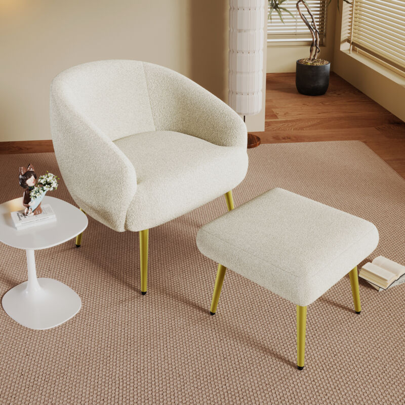 Fortuna Lai - Fauteuil rembourrée avec repose-pieds, pieds dorés, confort luxueux et moderne - 68x66x73+46x47x36cm - en Sherpa blanc