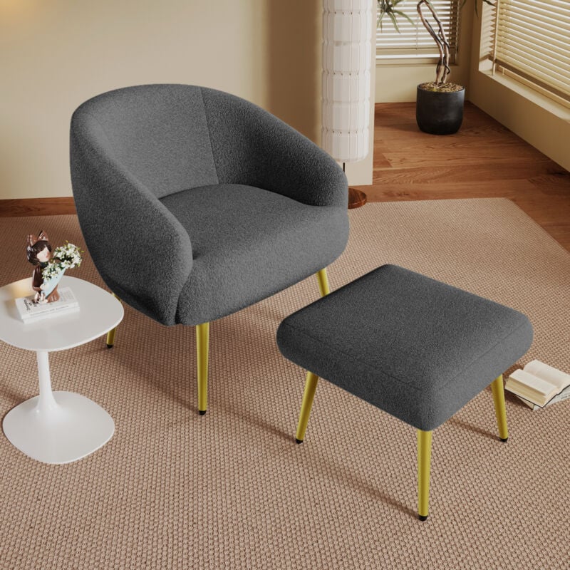 Fortuna Lai - Fauteuil rembourrée avec repose-pieds, pieds dorés, confort luxueux et moderne - 68x66x73+46x47x36cm - en Sherpa gris