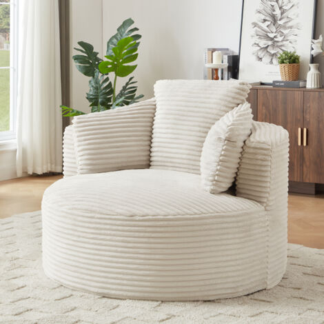 Fauteuil rond en corduroy beige, dossier rembourré, assise confortable en mousse haute densité, sans assemblage