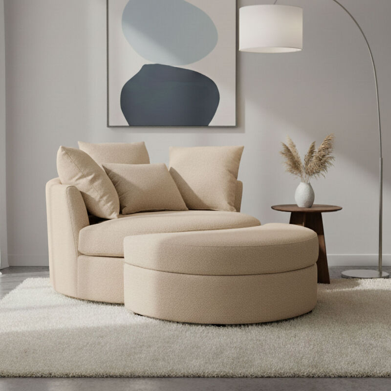 M&S – Fauteuil rond loveuse pivotante – Coffre de rangement – Tissu texturé beige – Dimensions 122x106x80 cm – Rotation 360°