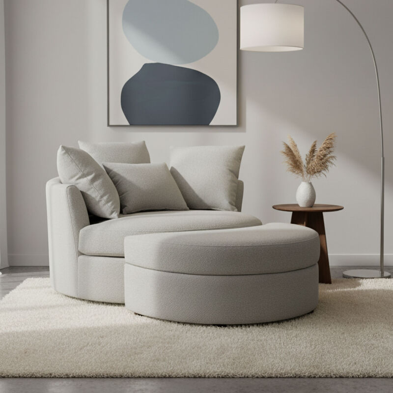 M&S – Fauteuil rond loveuse pivotante – Tissu texturé gris – Repose-pieds avec coffre de rangement – Dimensions 122x106x80 cm