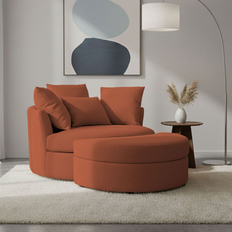 Fauteuil rond loveuse pivotante + coffre en tissu texturé terracotta