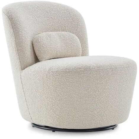 Fauteuil rond pivotant en tissu bouclette écru et un coussin - DAMIEN
