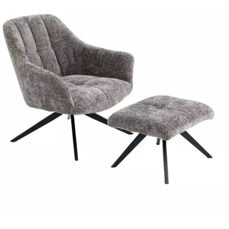 Fauteuil rotatif 360° et repose-pied tissu gris pieds métal – GILLIAN