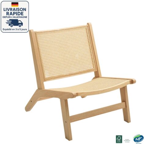 Fauteuil rotin - Fauteuil de Salon en Bois - Sans accoudoirs - dossier en rotin - structure en bois - Montage Facile - Bois Certifié PEFC - bois naturel
