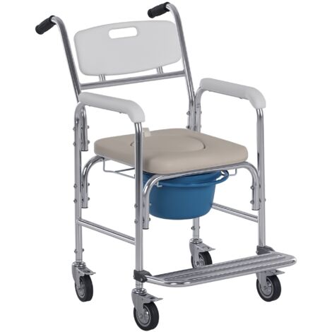 Fauteuil roulant perforé - fauteuil roulant perforé - chaise de douche - seau amovible, accoudoirs, repose-pieds - acier chromé blanc PEHD