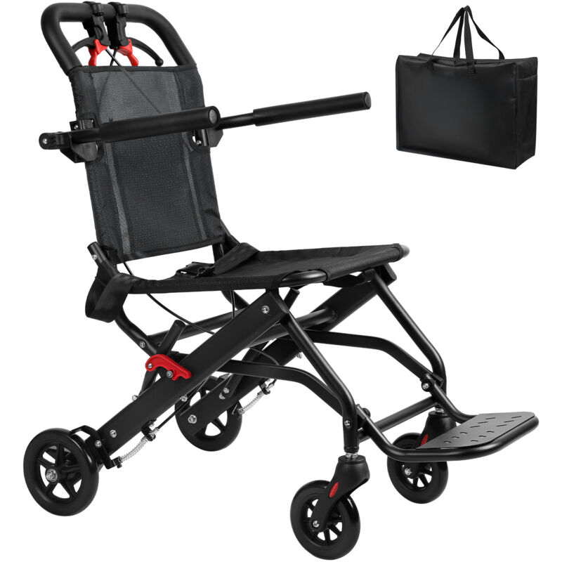 Fauteuil roulant portable, pliable, capacité de charge de 130 kg, avec frein à main verrouillable, noir.